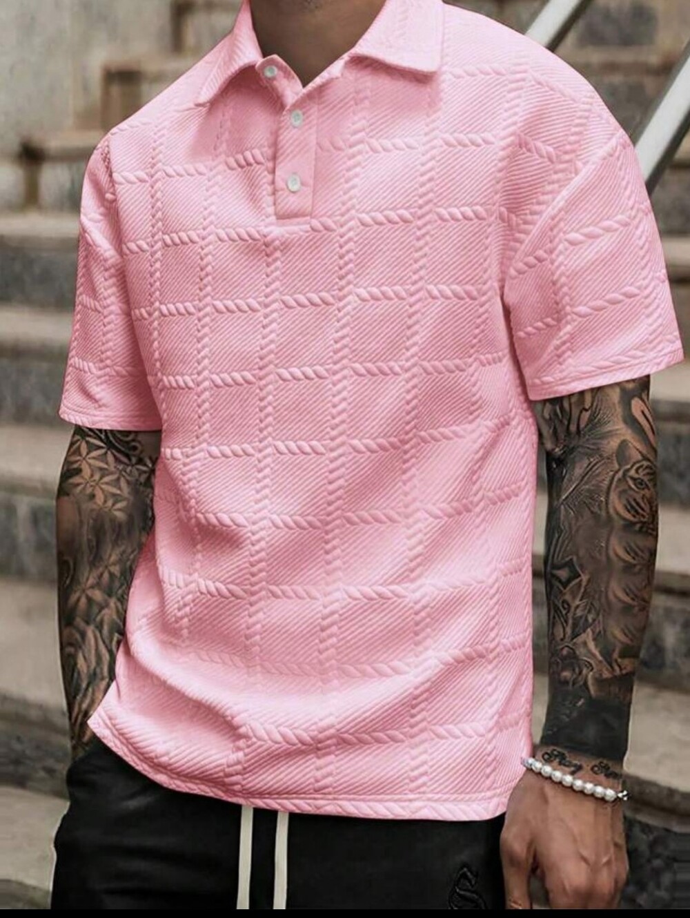New Men's Pink Textured Polo Shirt ( XXL)